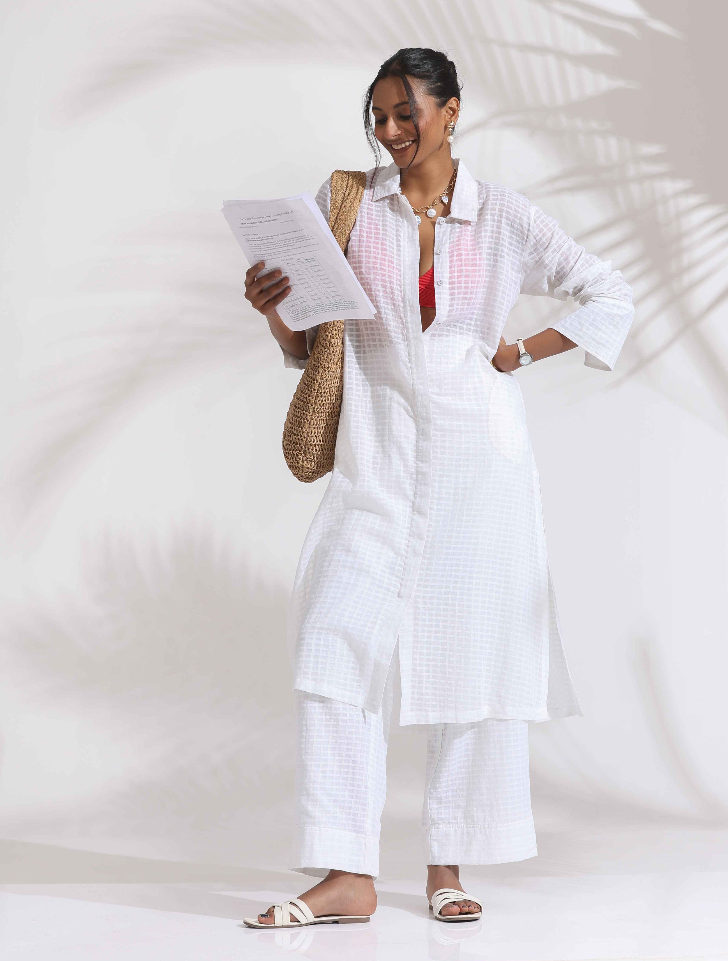 trueBrowns White Check Cotton Kurta Set - Distacart