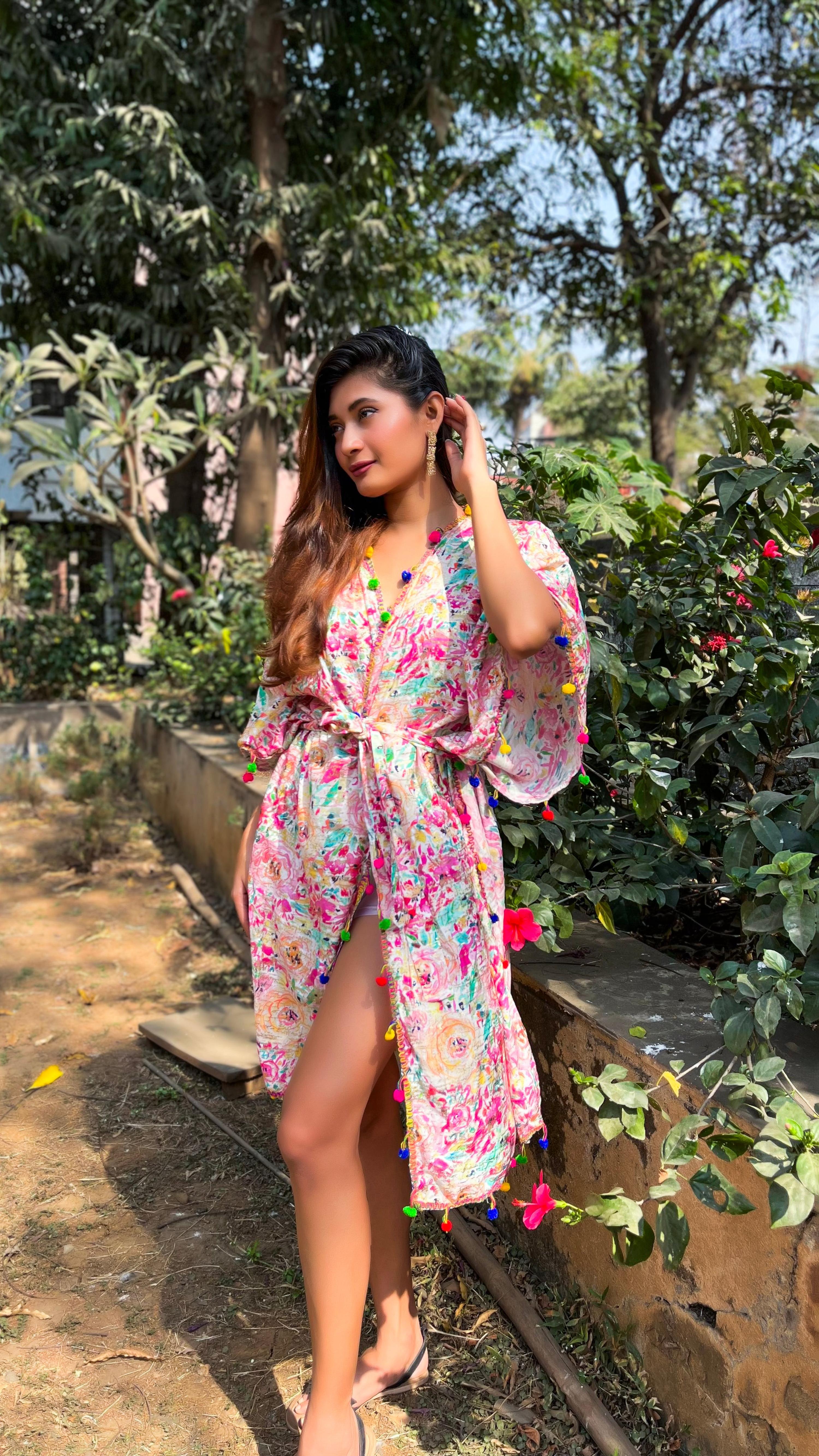 Noroke Cupro Muslin Gold Pink Beachwear Cover up Kaftan - Distacart