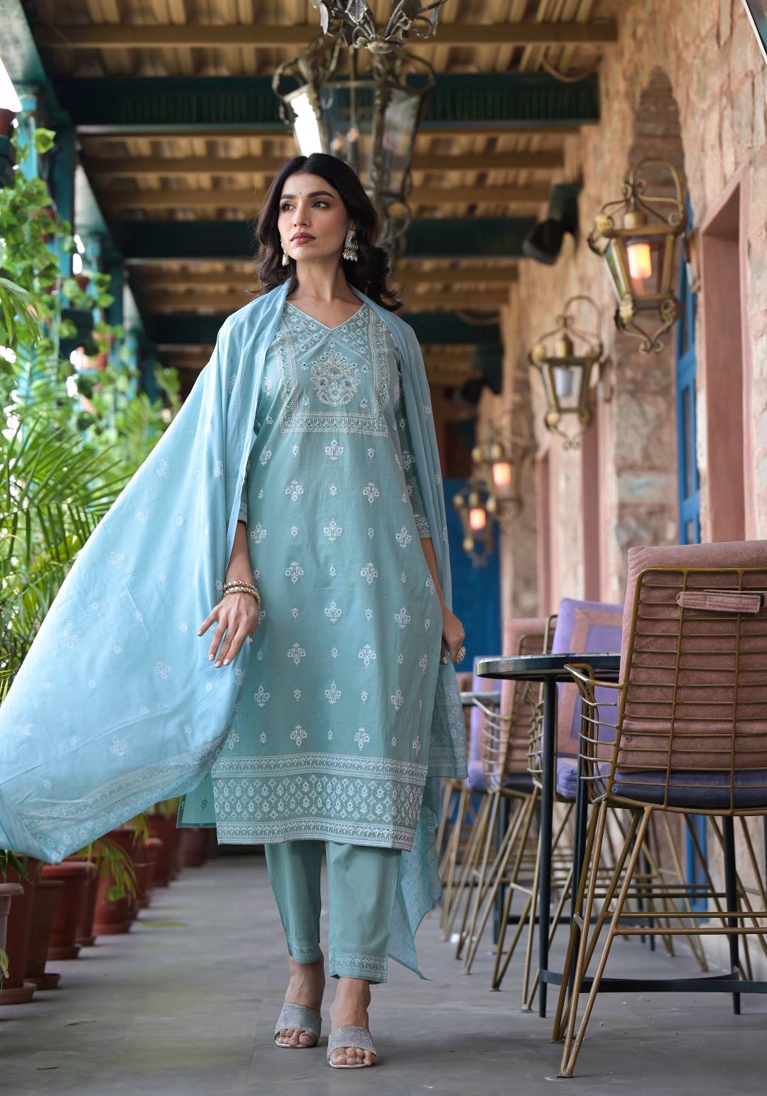 Varanga Women Sea Green Rubber Printed, Mirror Embellished Straight Kurta Paired With Bottom And Dupatta - Distacart