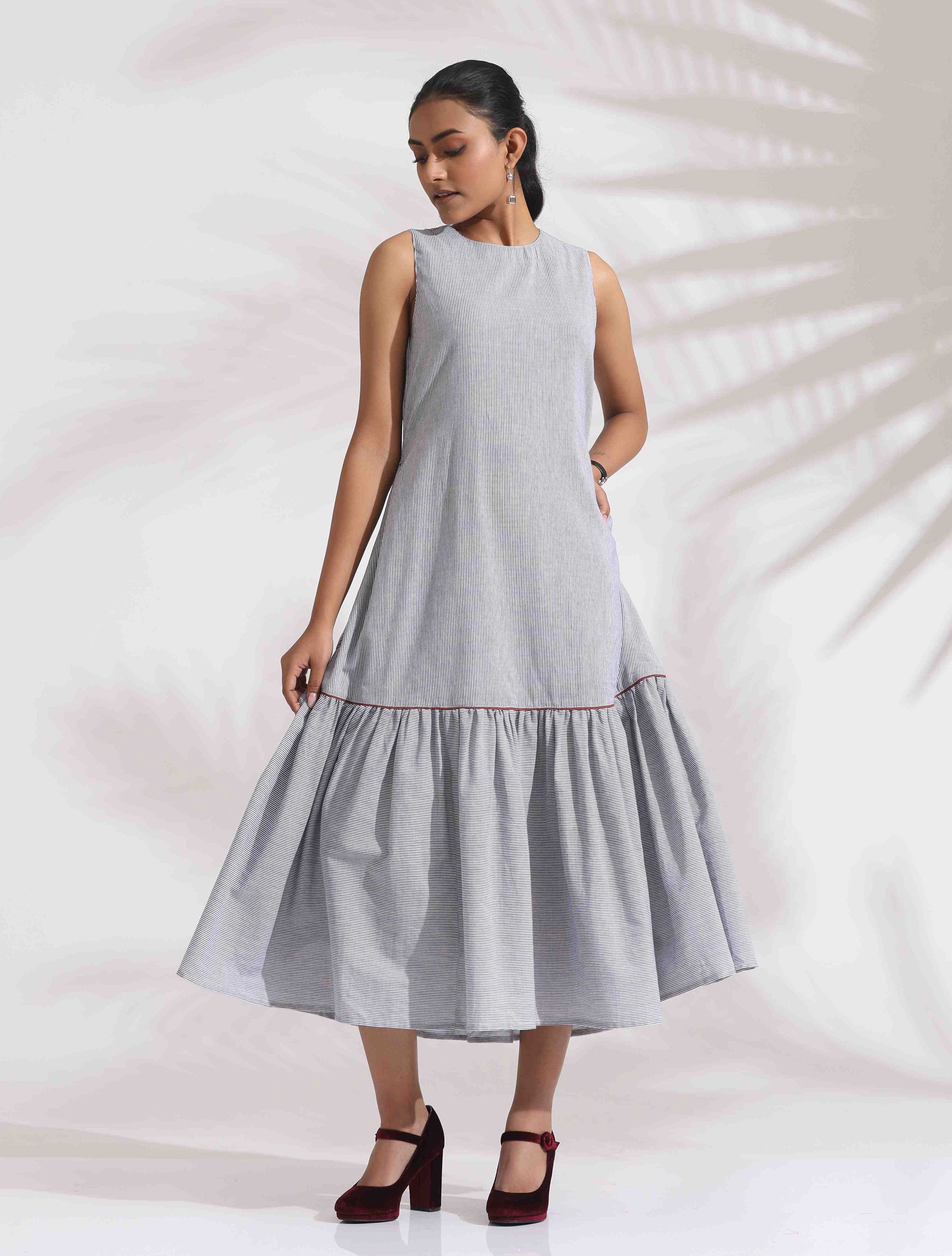 trueBrowns trueBrown Grey Cotton Stripe Tier Dress - Distacart