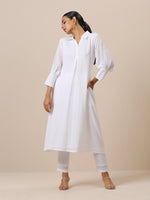 Thumbnail for trueBrowns Cotton White Weave Collar Kurta Pant Set | Relove