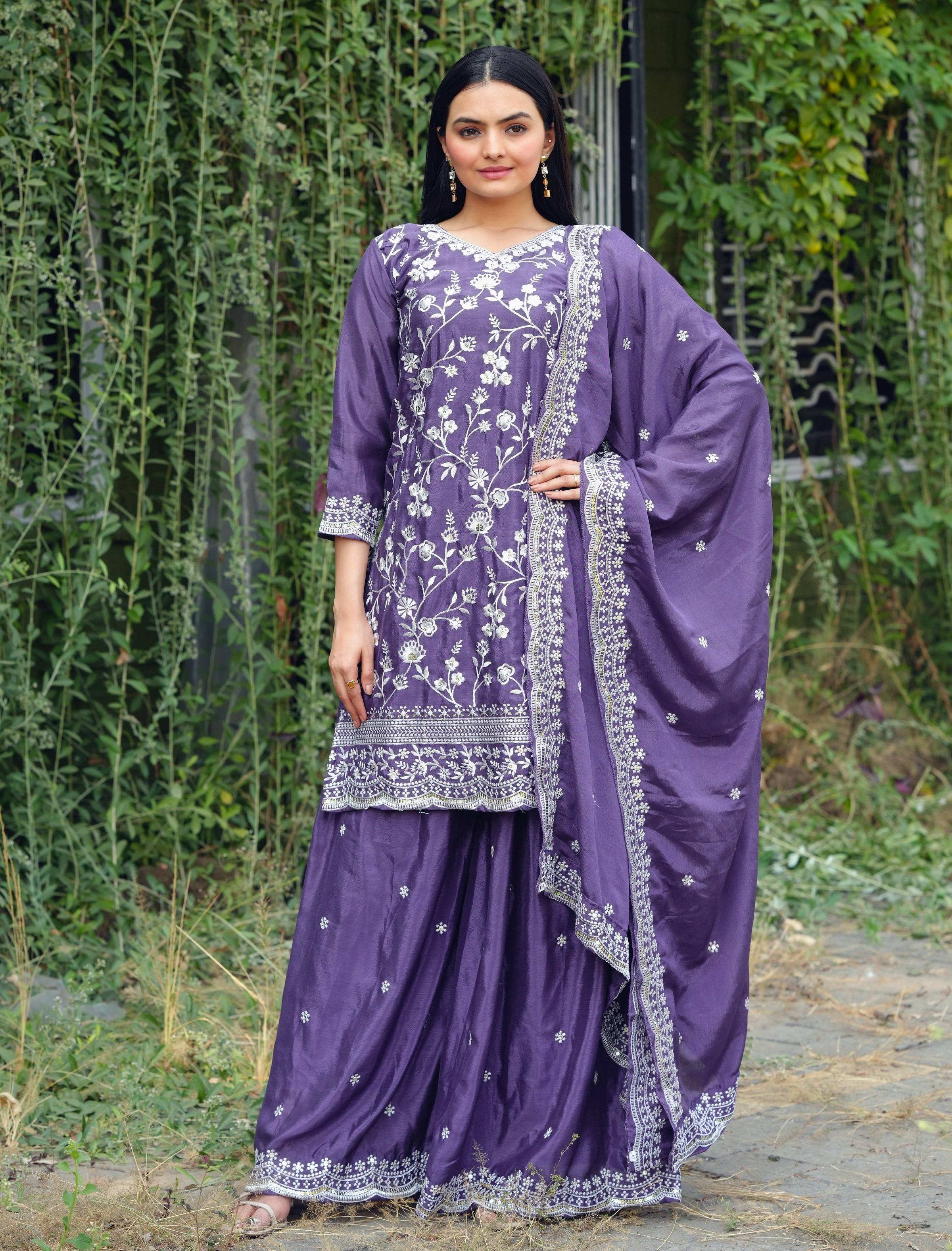 Yash Enterprise Alluring Sequence Embroidered Work Lavender Silk Readymade Salwar Suit - Distacart