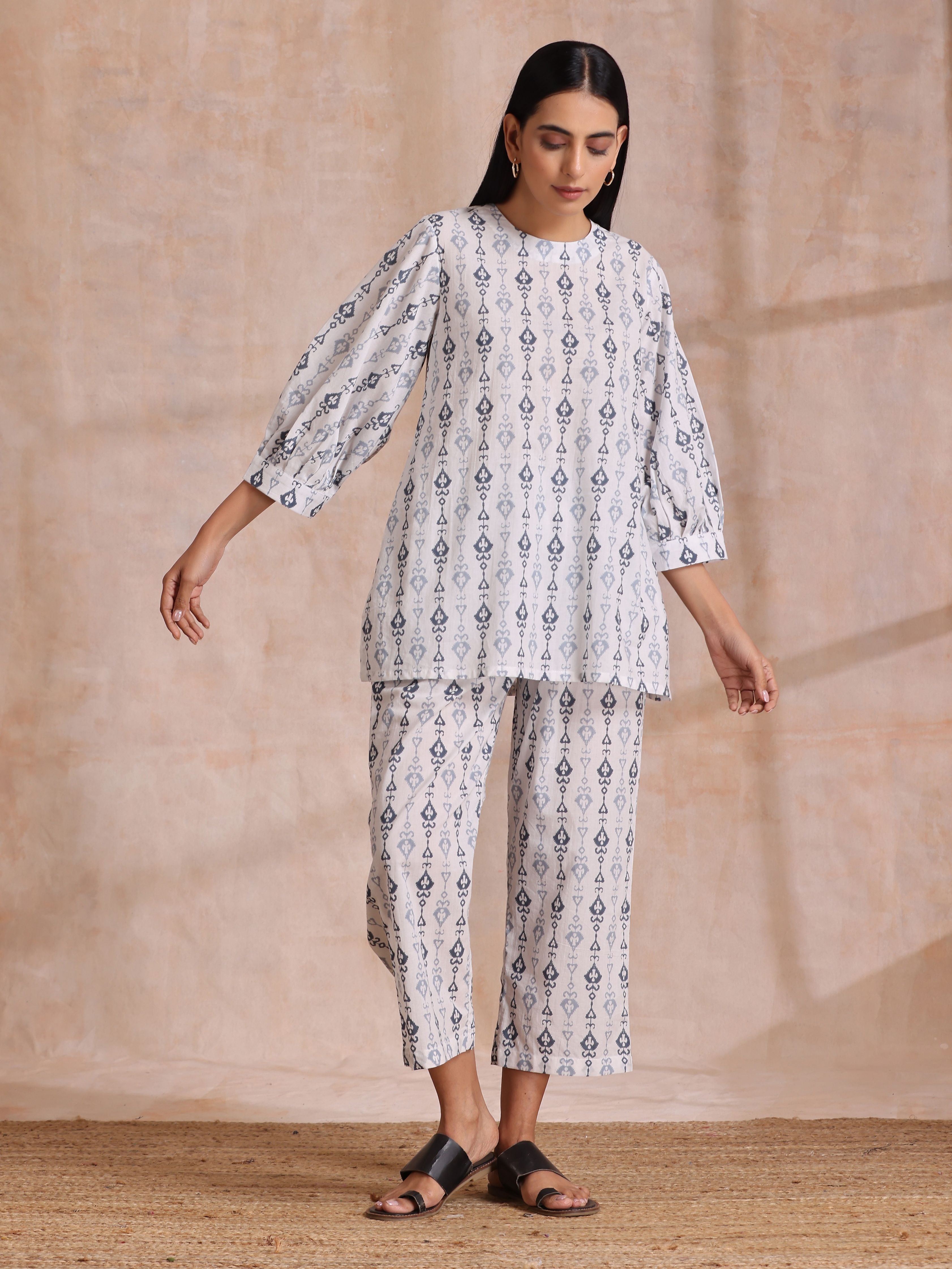 trueBrowns Grey On White Ikat Print Cotton Baggy Sleeve Co-Ord Set - Distacart