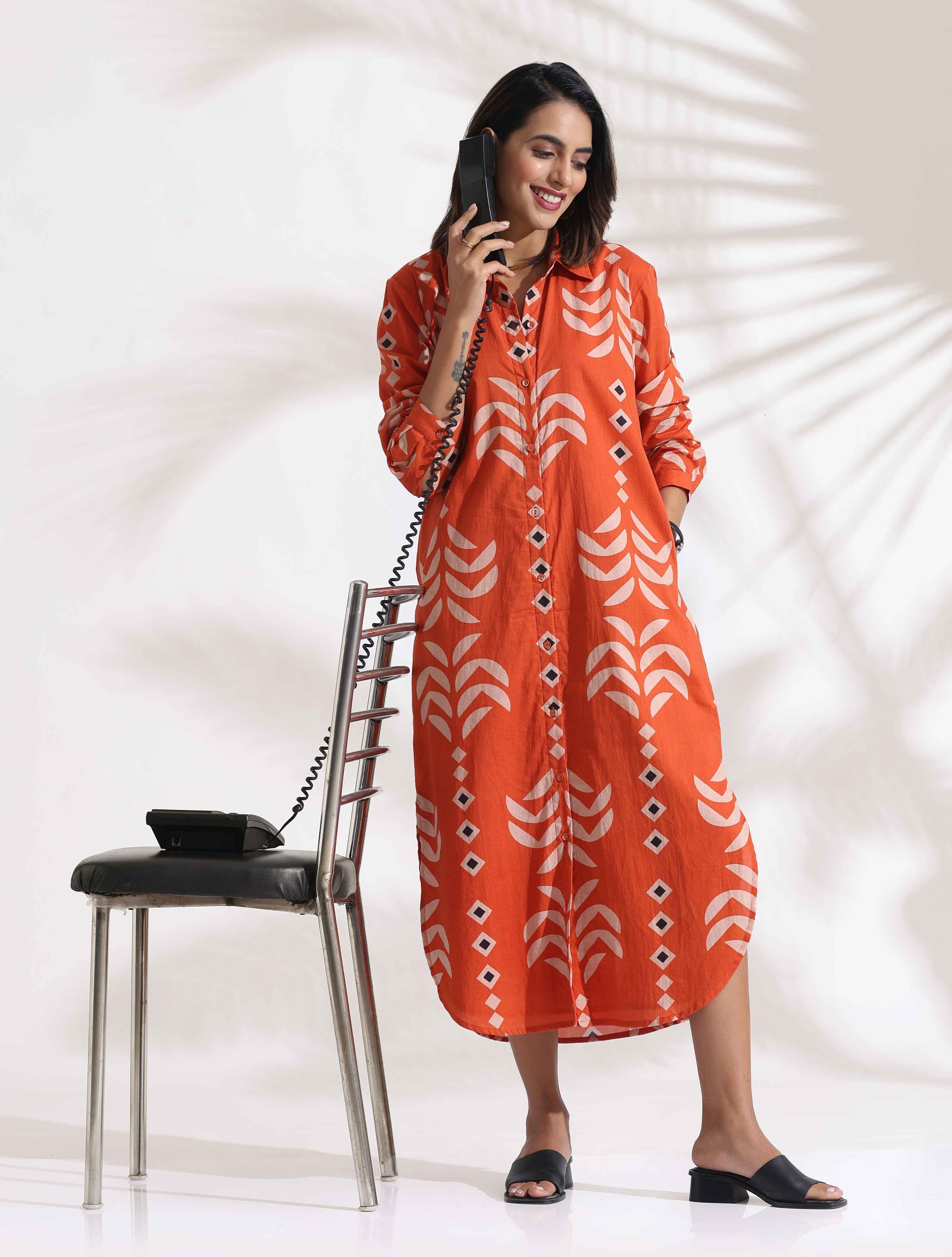 trueBrowns Orange Cotton Print Shirt Dress - Distacart