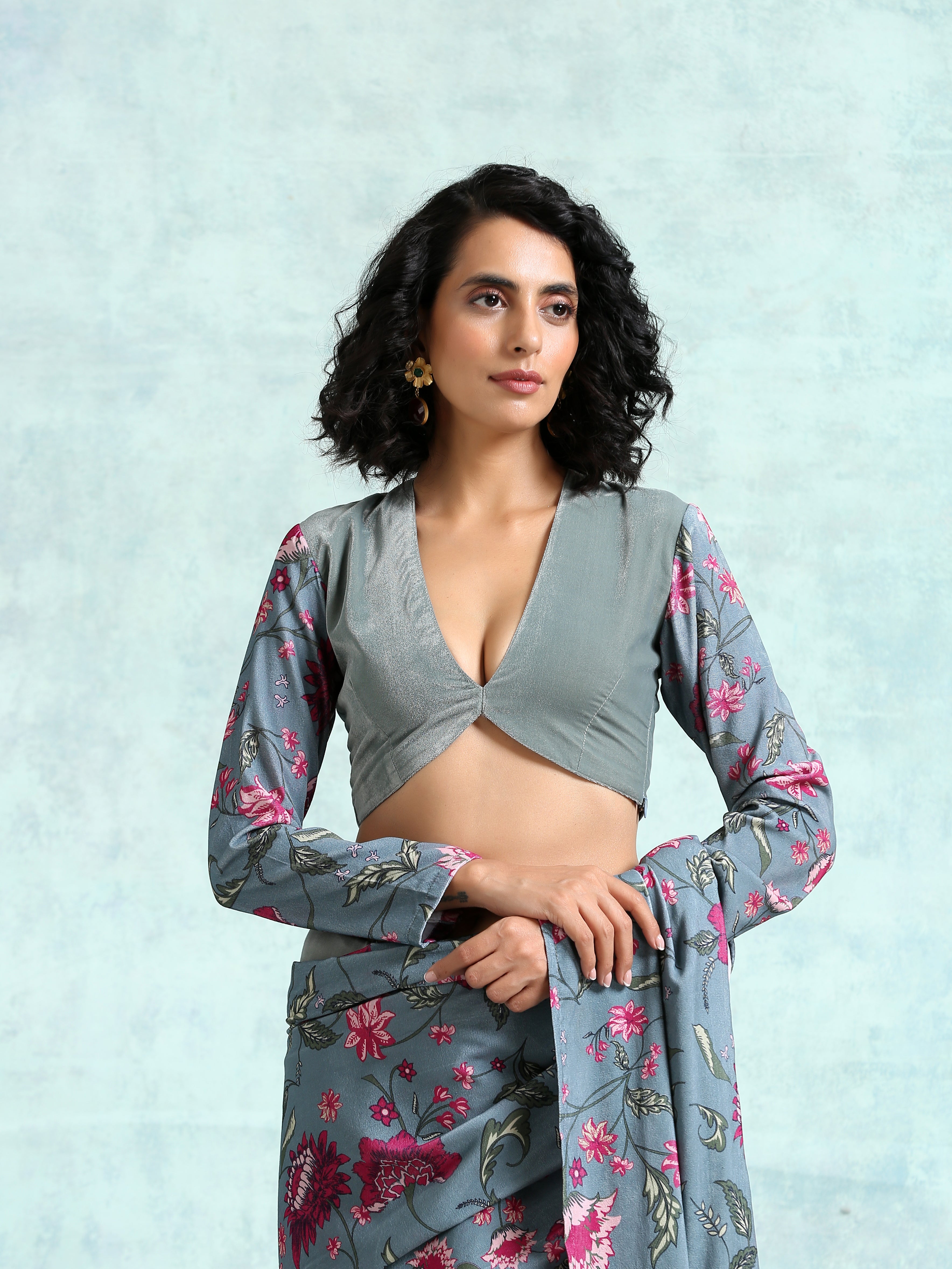 trueBrowns Grey Printed Sleeve Velvet Blouse - Distacart