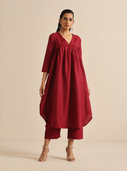 trueBrowns Maroon Slub Gathered Kurta Pant Set - Distacart