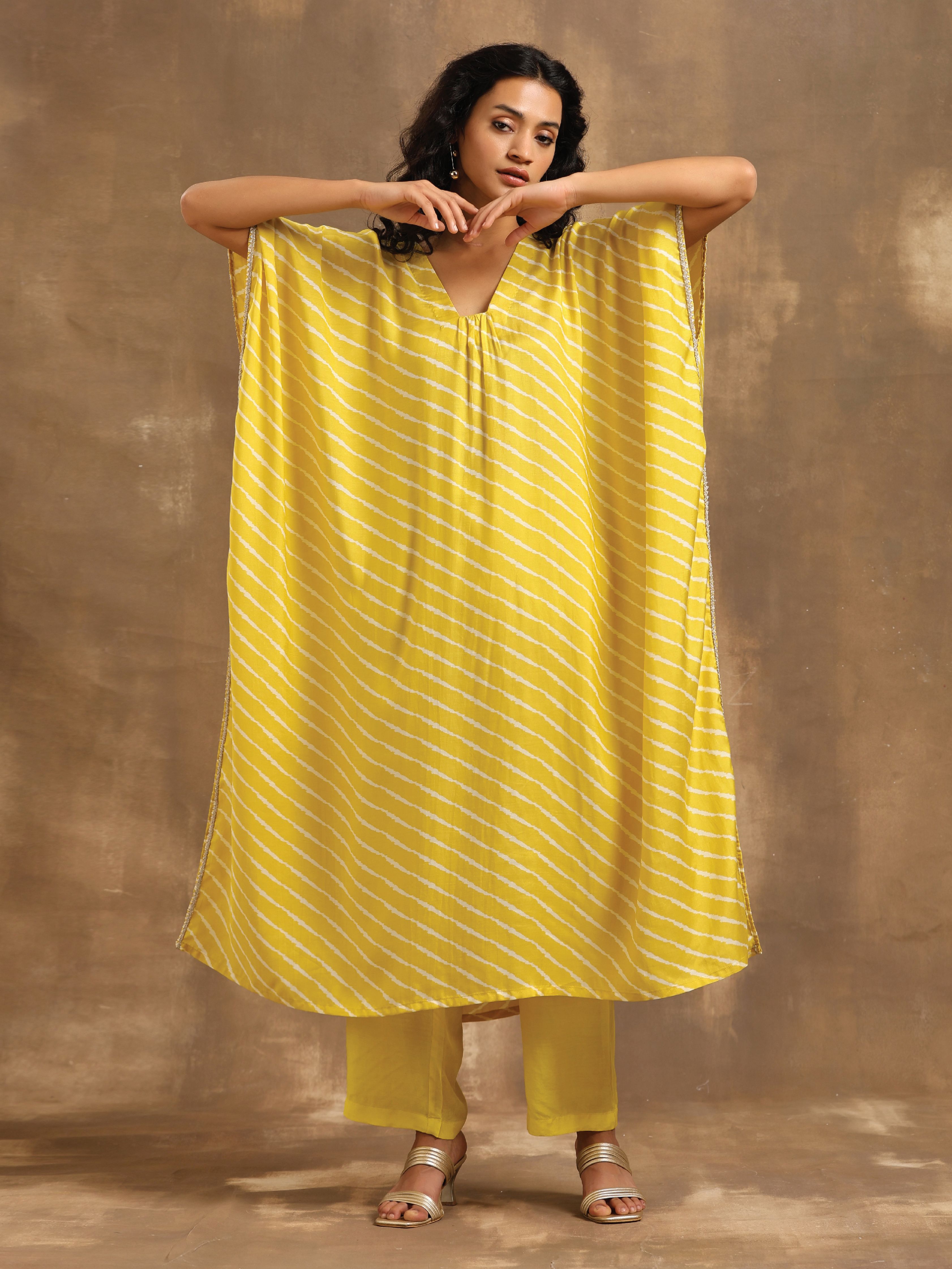 trueBrowns Lime Lehariya Printed Silk Kaftan Pant Set - Distacart