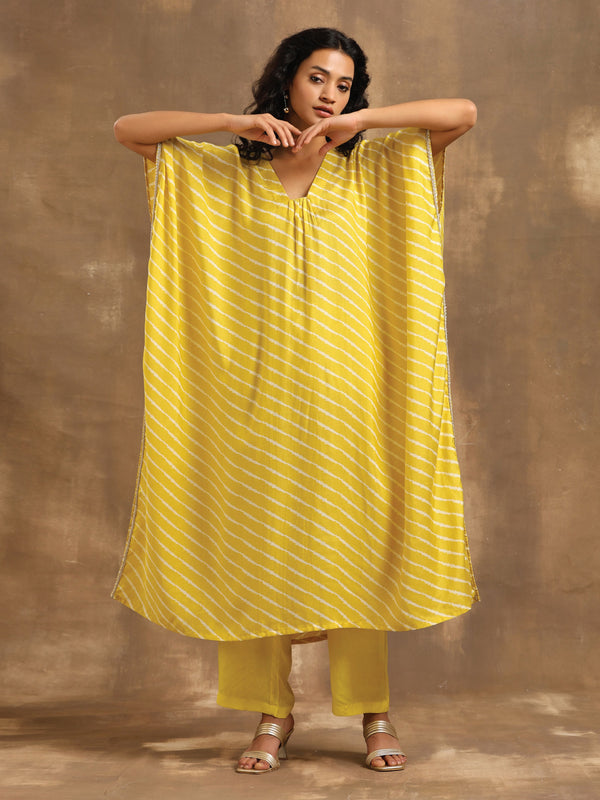 trueBrowns Lime Lehariya Printed Silk Kaftan Pant Set - Distacart