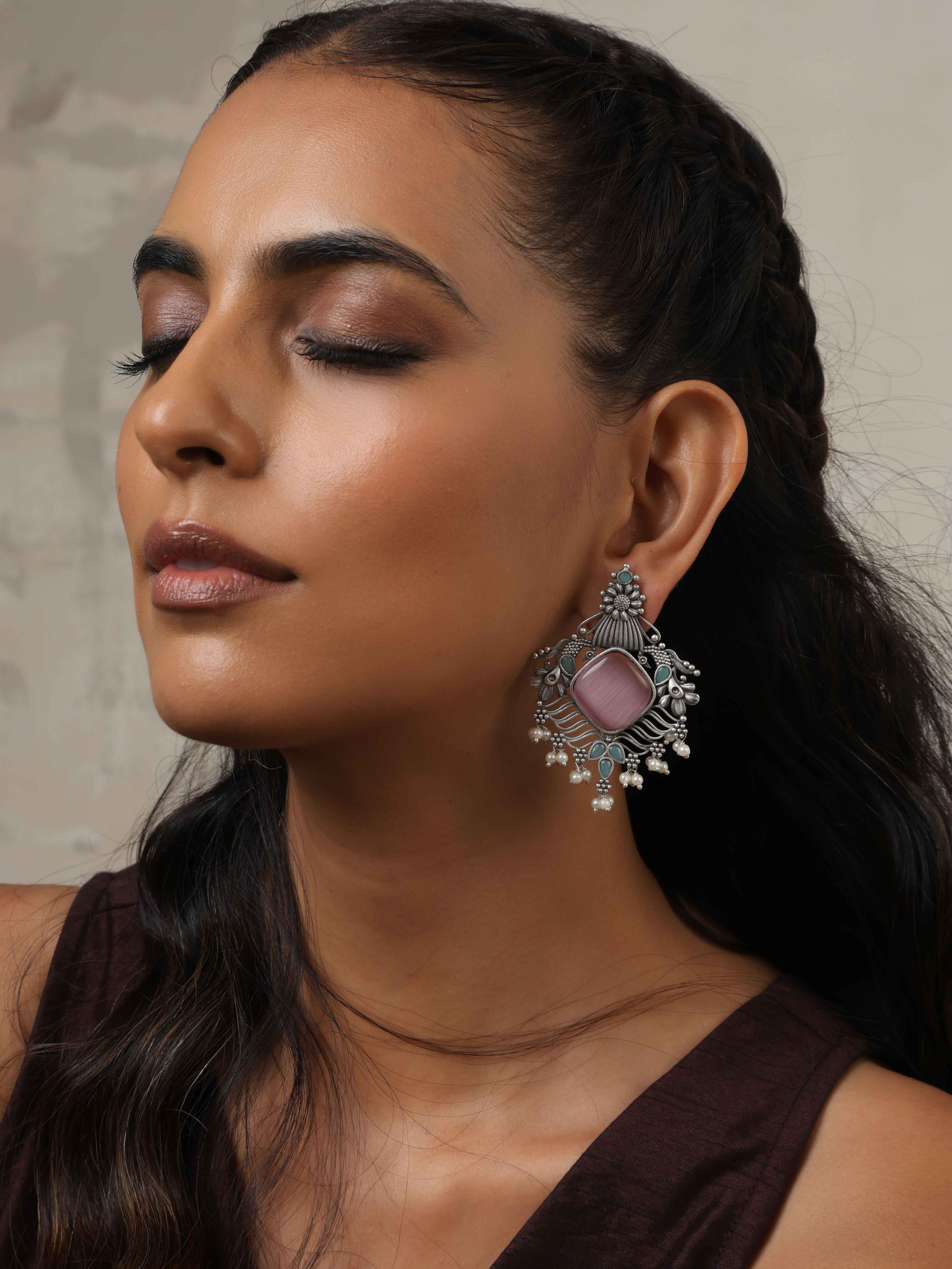 trueBrowns Silver Tone Pink Stone Pearl Drop Earrings - Distacart