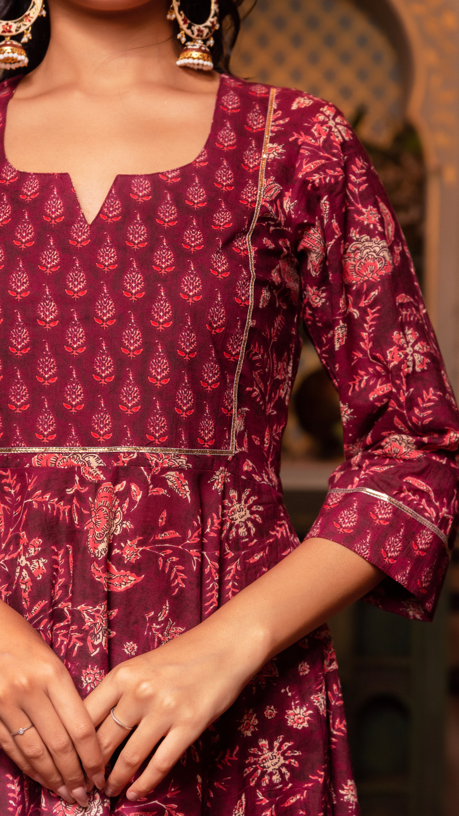 Pomcha Jaipur Gaurangi Maroon Hand Block Print Cotton Anarkali Set