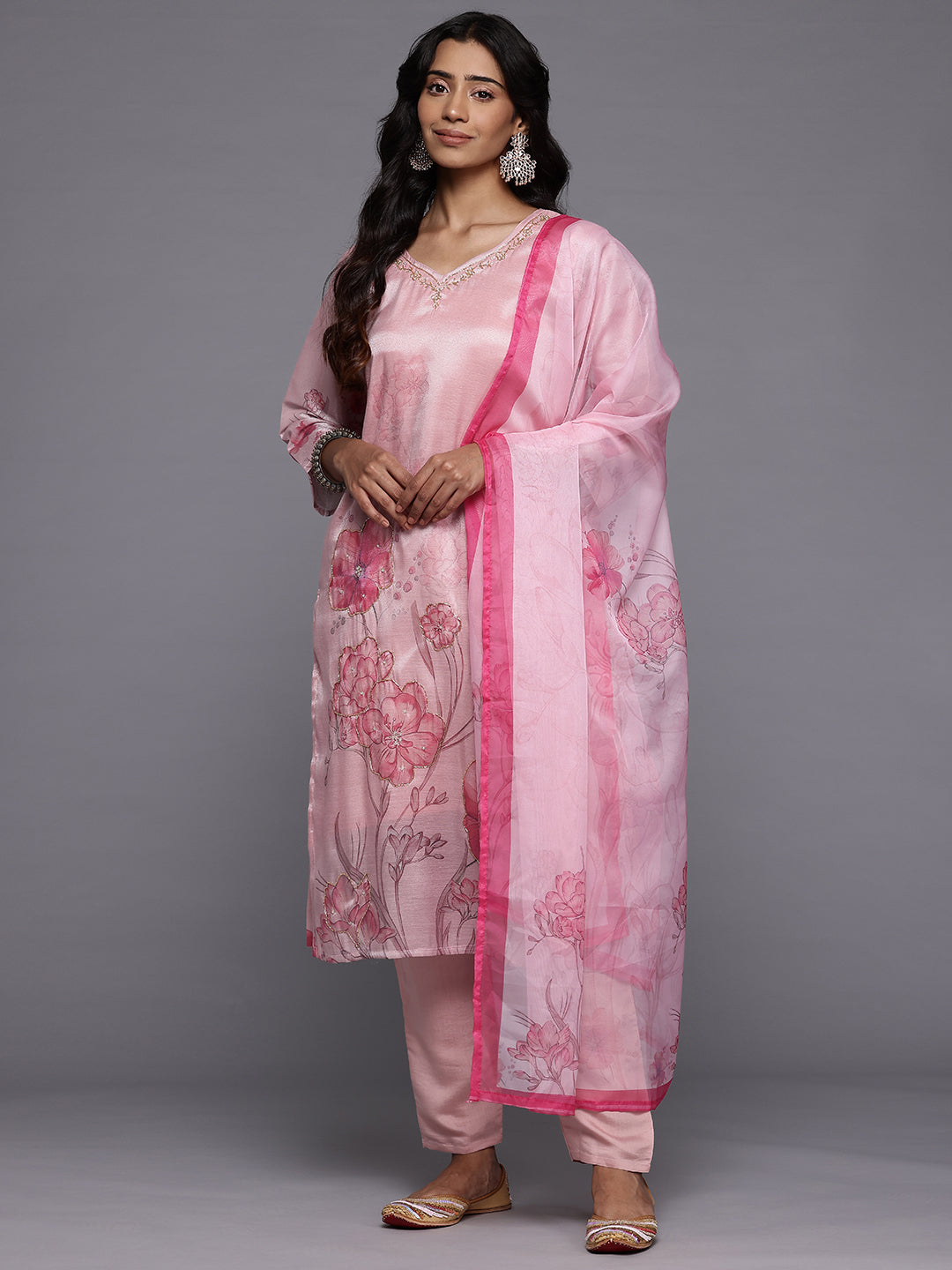 Varanga Women Pink Silk Floral Printed Beads And Stones Embellished Kurta Set With Dupatta - Distacart