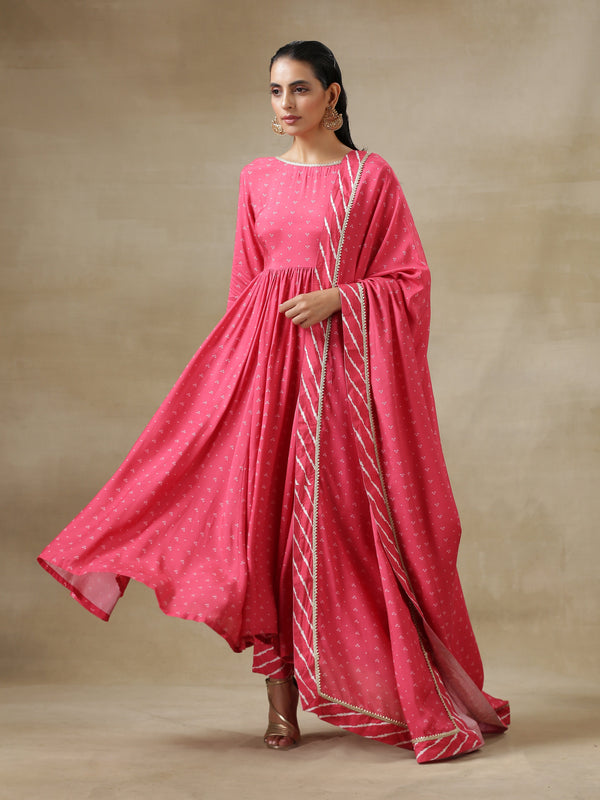 trueBrowns Pink Bandhani Printed Silk Anarkali Kurta Pant Dupatta Set - Distacart