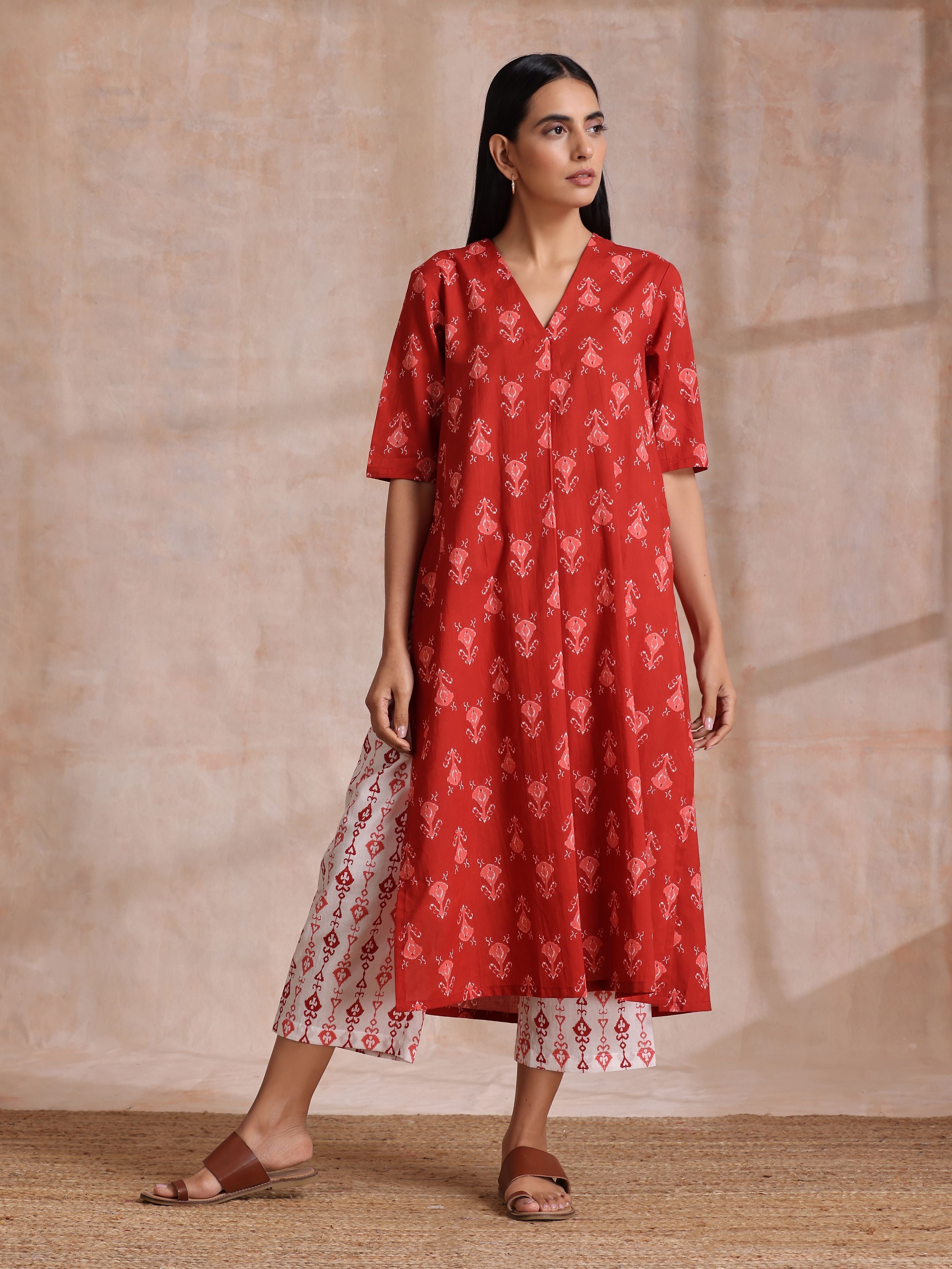 trueBrowns Red On Red Ikat Print Cotton Kurta Pant Set - Distacart