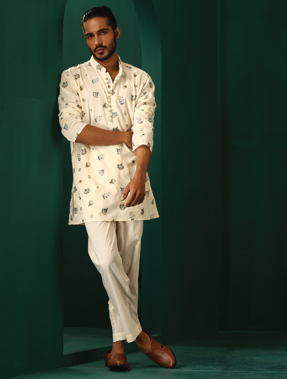 trueBrowns Men's Ivory Blue Multi color Floral Cotton Co-ord Set - Distacart