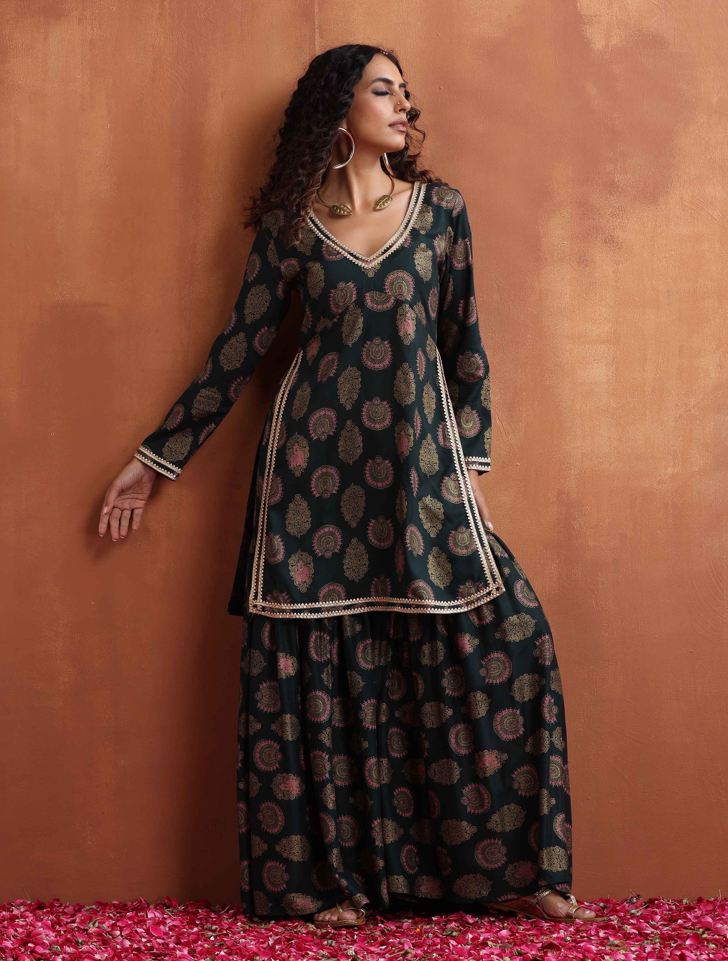 trueBrowns Green Foil Print Sharara Set - Distacart