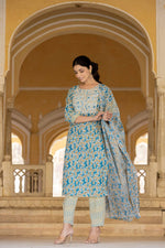 Thumbnail for Varanga Women Blue Round Neck Floral Printed Embroidered Kurta Paired With Bottom And Dupatta - Distacart