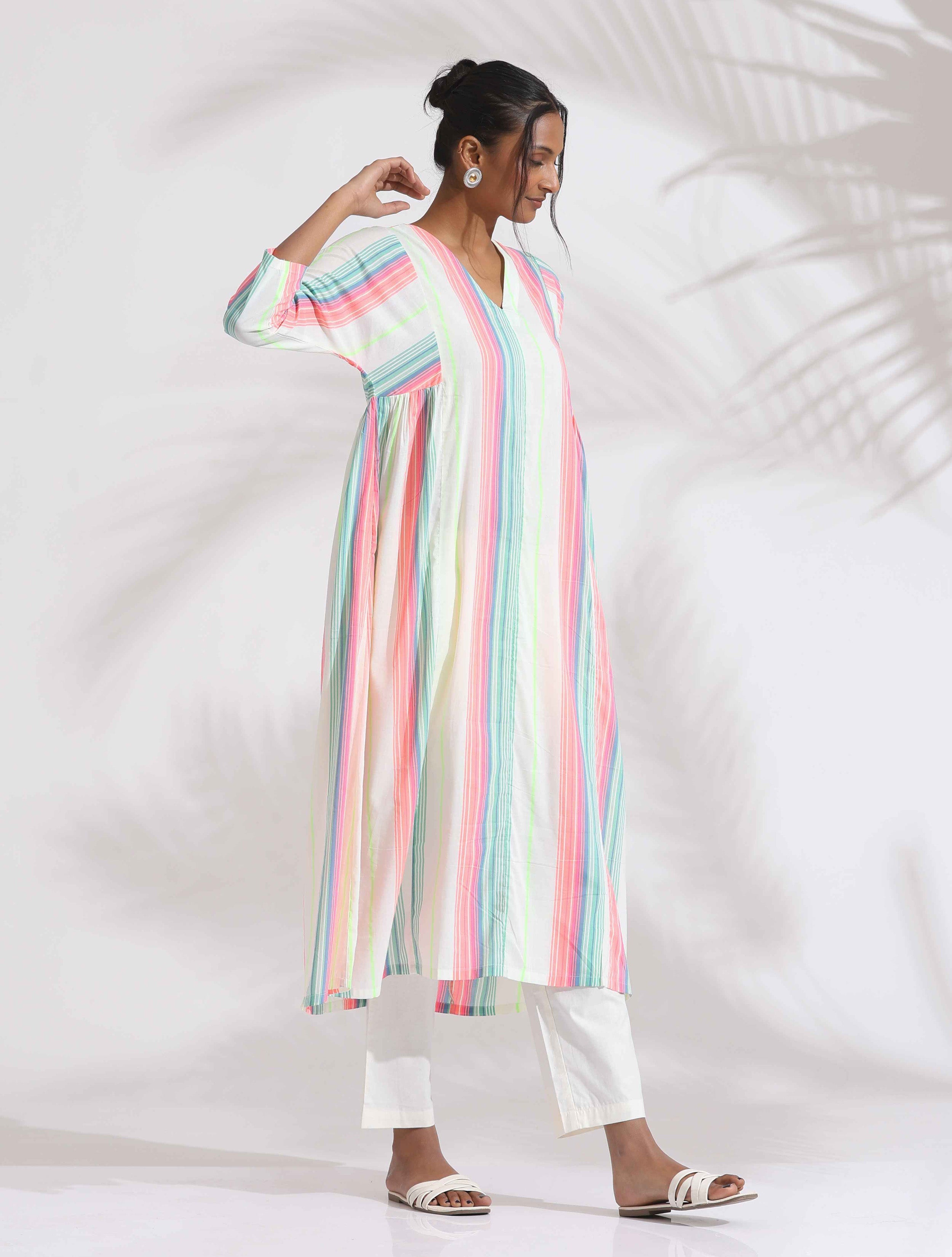 trueBrowns Off-White Cotton Multi Stripe Flared Kurta Set - Distacart
