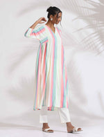 Thumbnail for trueBrowns Off-White Cotton Multi Stripe Flared Kurta Set