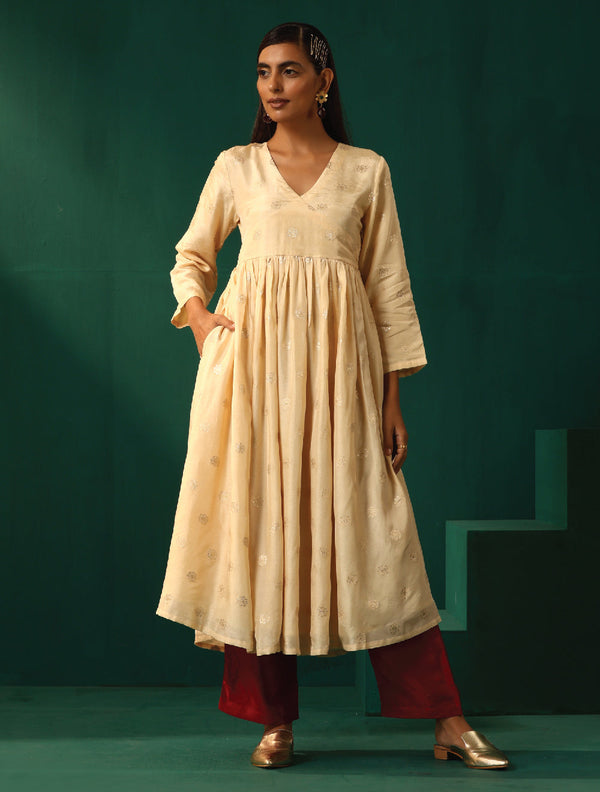 trueBrowns Ivory Geometric Floral Viscose Silk Anarkali Kurta Pant Set - Distacart