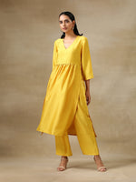 Thumbnail for trueBrowns Yellow Textured Silk High Slit Gathered Kurta Set - Distacart