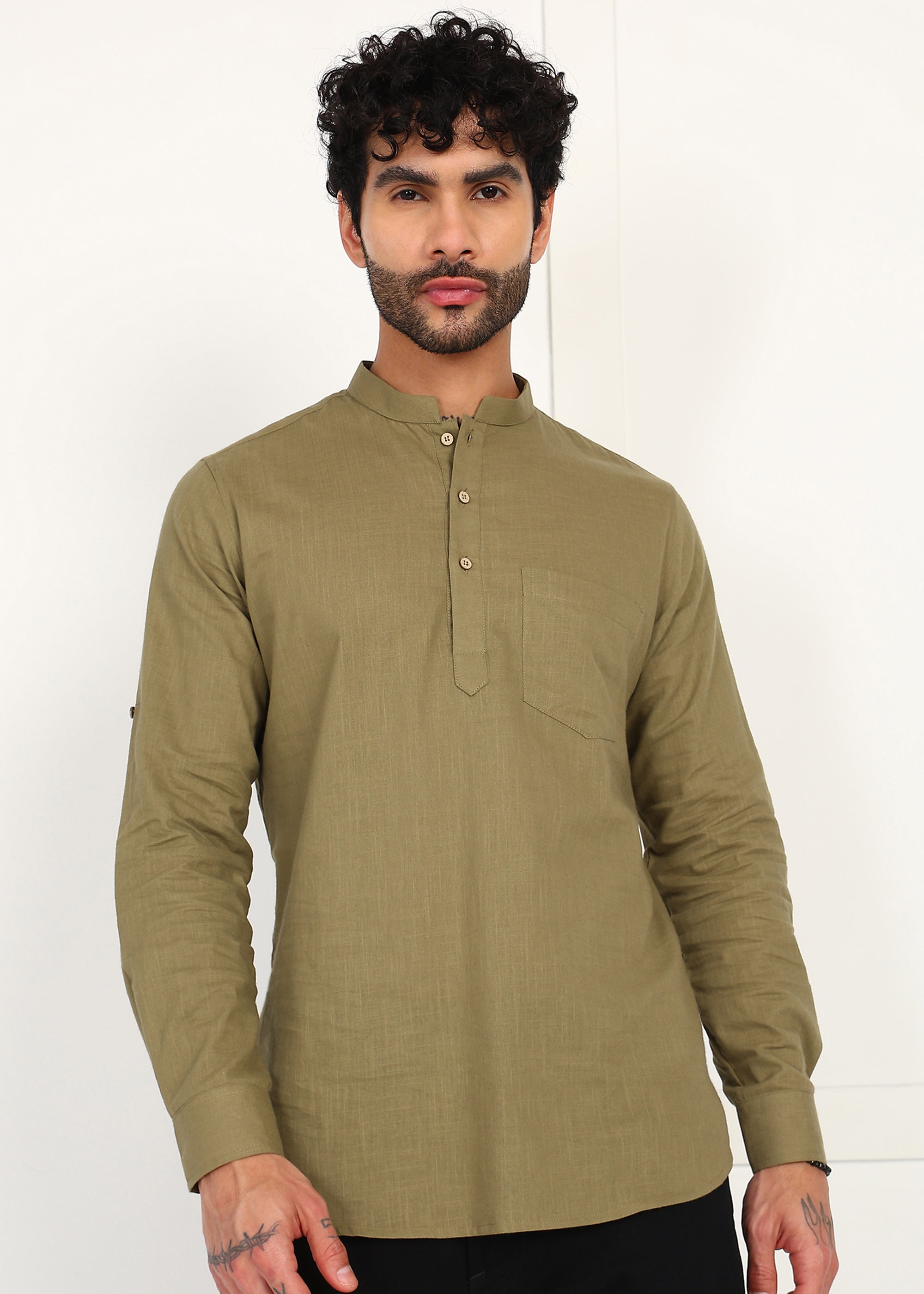 Fabmade Olive Root Linen Short Kurta - Distacart