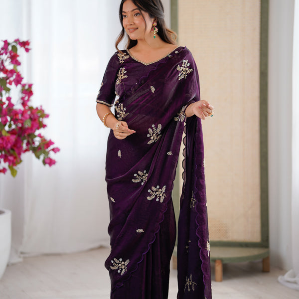 Evanik Designer Heavy Fendy Satin With Beads Embroidered Work Saree With Unstitched Blouse