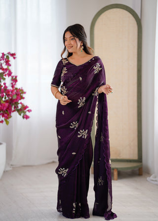 Evanik Designer Heavy Fendy Satin With Beads Embroidered Work Saree With Unstitched Blouse