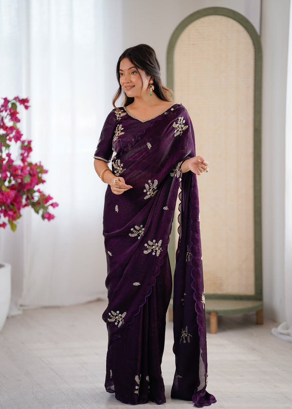 Evanik Designer Heavy Fendy Satin With Beads Embroidered Work Saree With Unstitched Blouse