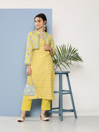 Ahalyaa Women Yellow Floral Printed Kurta with Trousers & Jacket - Distacart