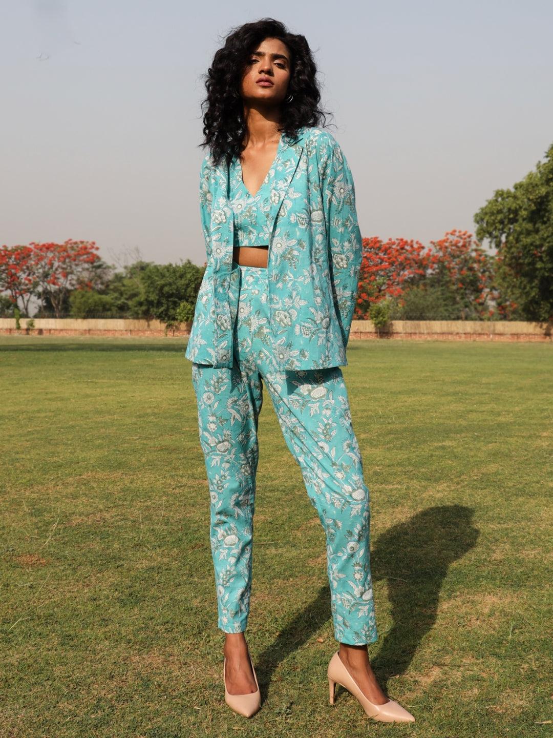 trueBrowns Turquoise Cotton Block Print Pant Suit Set - Distacart