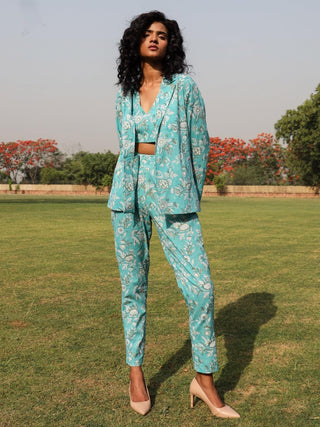 trueBrowns Turquoise Cotton Block Print Pant Suit Set - Distacart