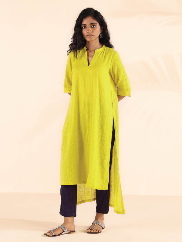 trueBrowns Lime Cotton Dobby High-Low Kurta Pant Set - Distacart
