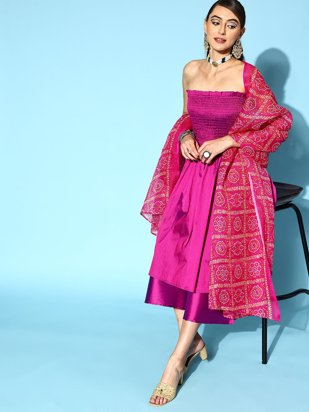 InWeave Purple Off Shoulder Silk Kurta Set -Pink Kota Bandhej Dupatta