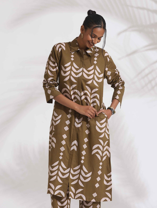 trueBrowns Olive Green Cotton Stripe Print Shirt Kurta Set