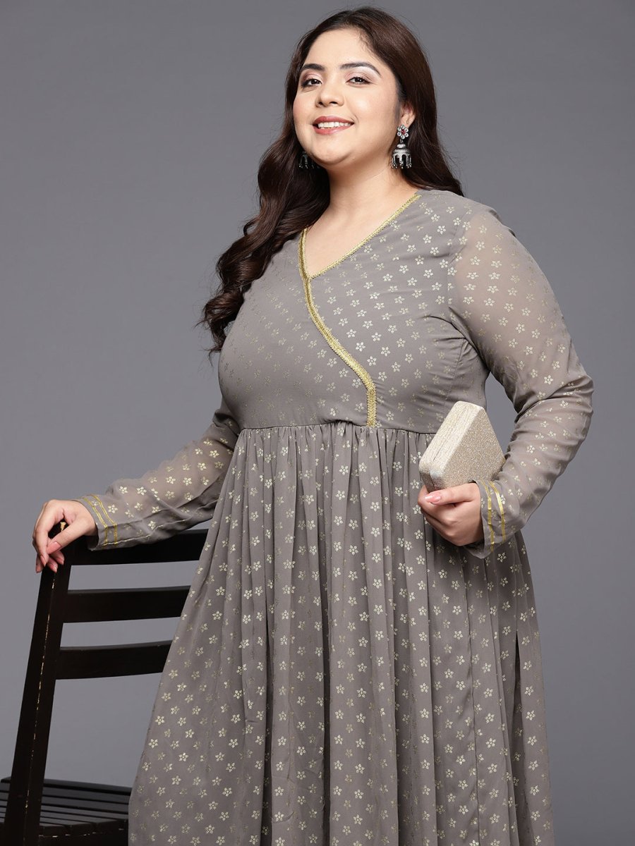 Ahalyaa Plus Size Floral Printed Zari Angrakha Kurta with Palazzos - Distacart