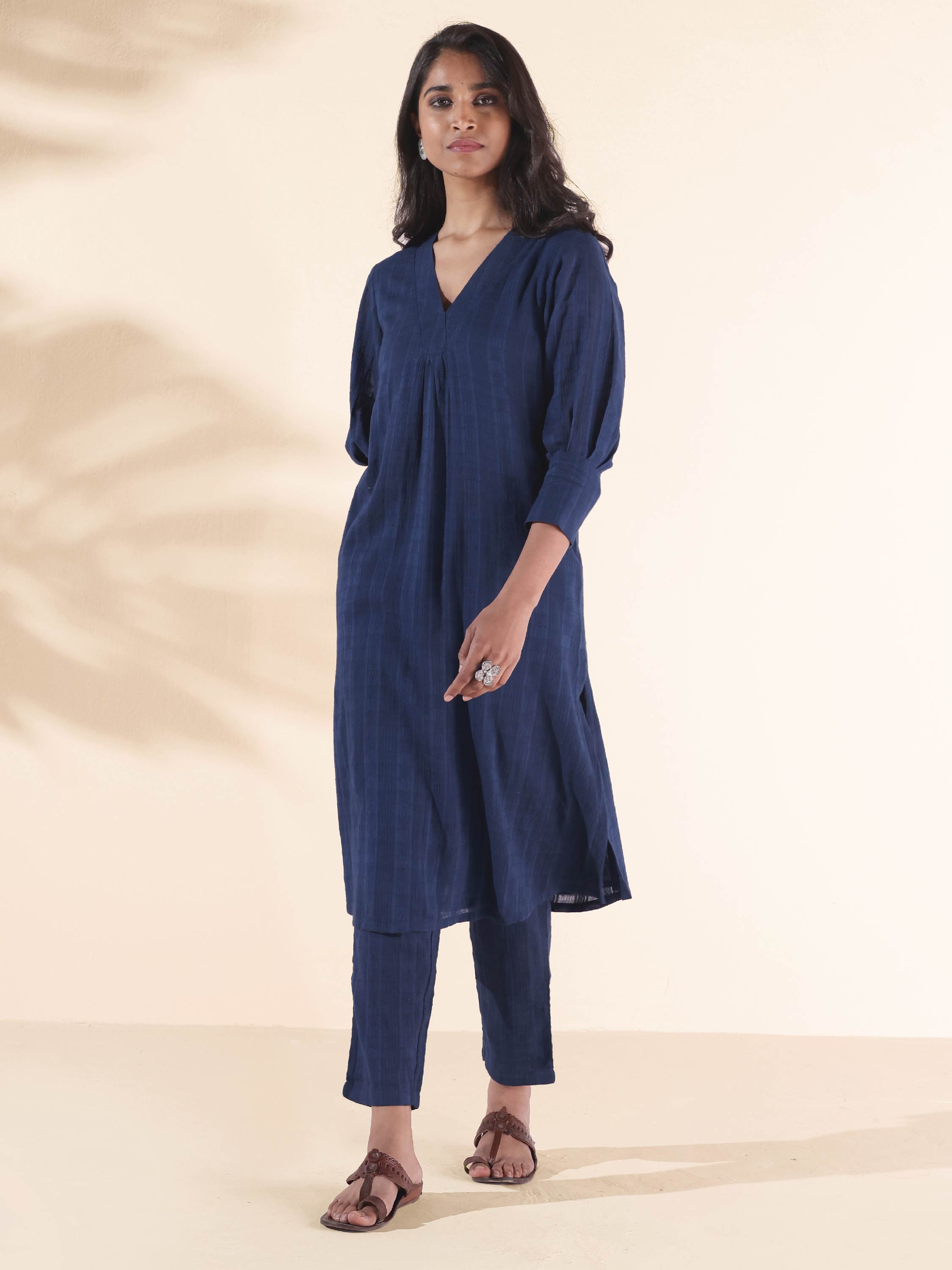 trueBrowns Blue Cotton Dobby Kurta Pant Set - Distacart