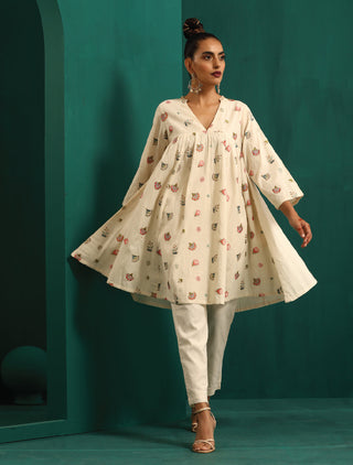 trueBrowns Ivory Multi Color Cotton Yoke Gathered Co-ord Set - Distacart