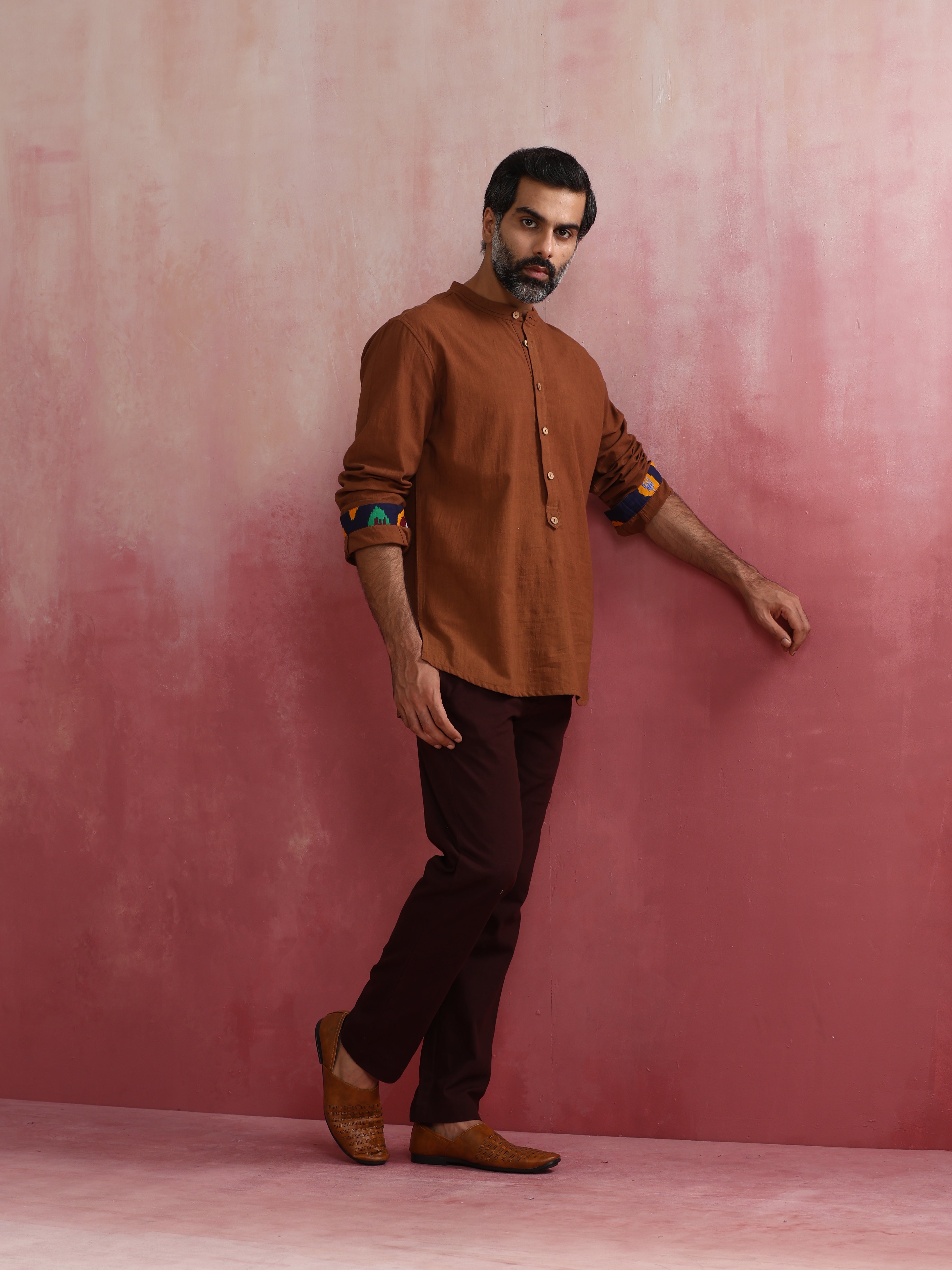 trueBrowns Men's Brown Cotton Mandarin Collar Stylized Kurta - Distacart