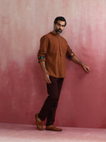 Thumbnail for trueBrowns Men's Brown Cotton Mandarin Collar Stylized Kurta - Distacart
