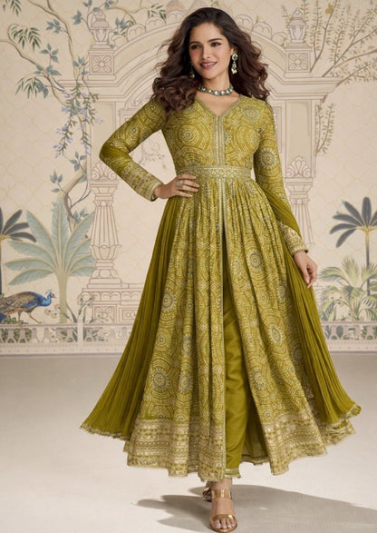 Anaita Mehendi Chinon Anarkali Readymade Suit with Embroidery & Coding Work - Dista