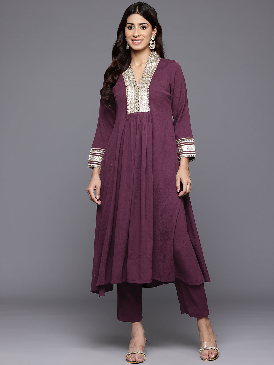 Varanga Women Purple Zari Lace Embellished Yoke A-Line Kurta Set - Distacart