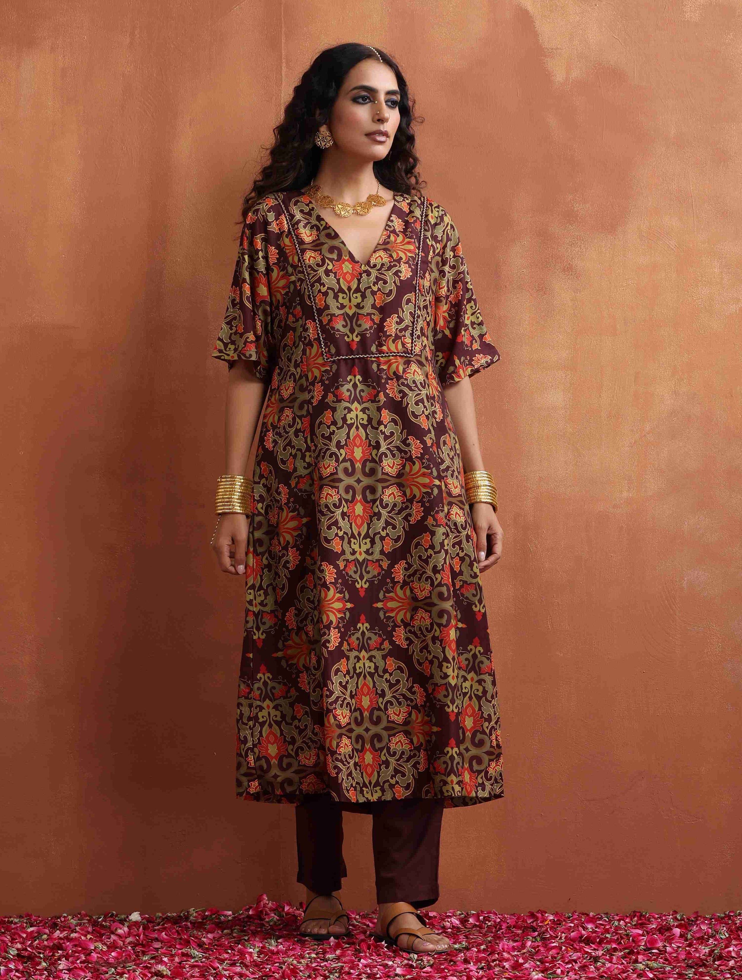 trueBrowns Brown Floral Print Kaftan Kurta Set - Distacart