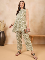 Thumbnail for InWeave Mehandi Green White Moroccan Print Round Neck Kurta Set