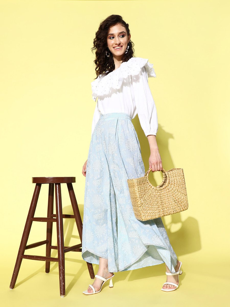 Ahalyaa Women Off White & Blue Floral Printed Flared Ethnic Palazzos - Distacart