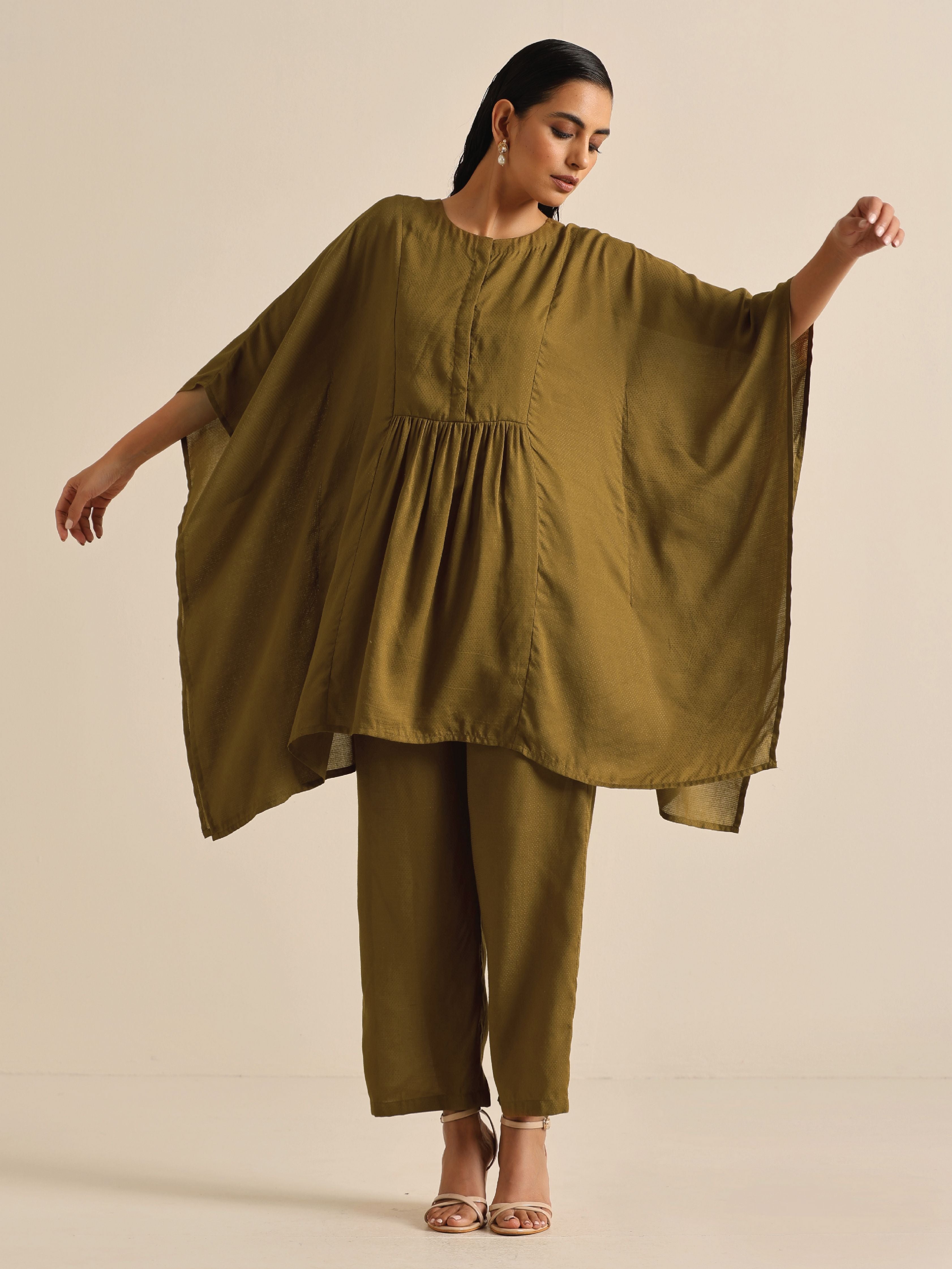 trueBrowns Olive Green Texture Doddy Kaftan Gathered Co-Ord Set - Distacart