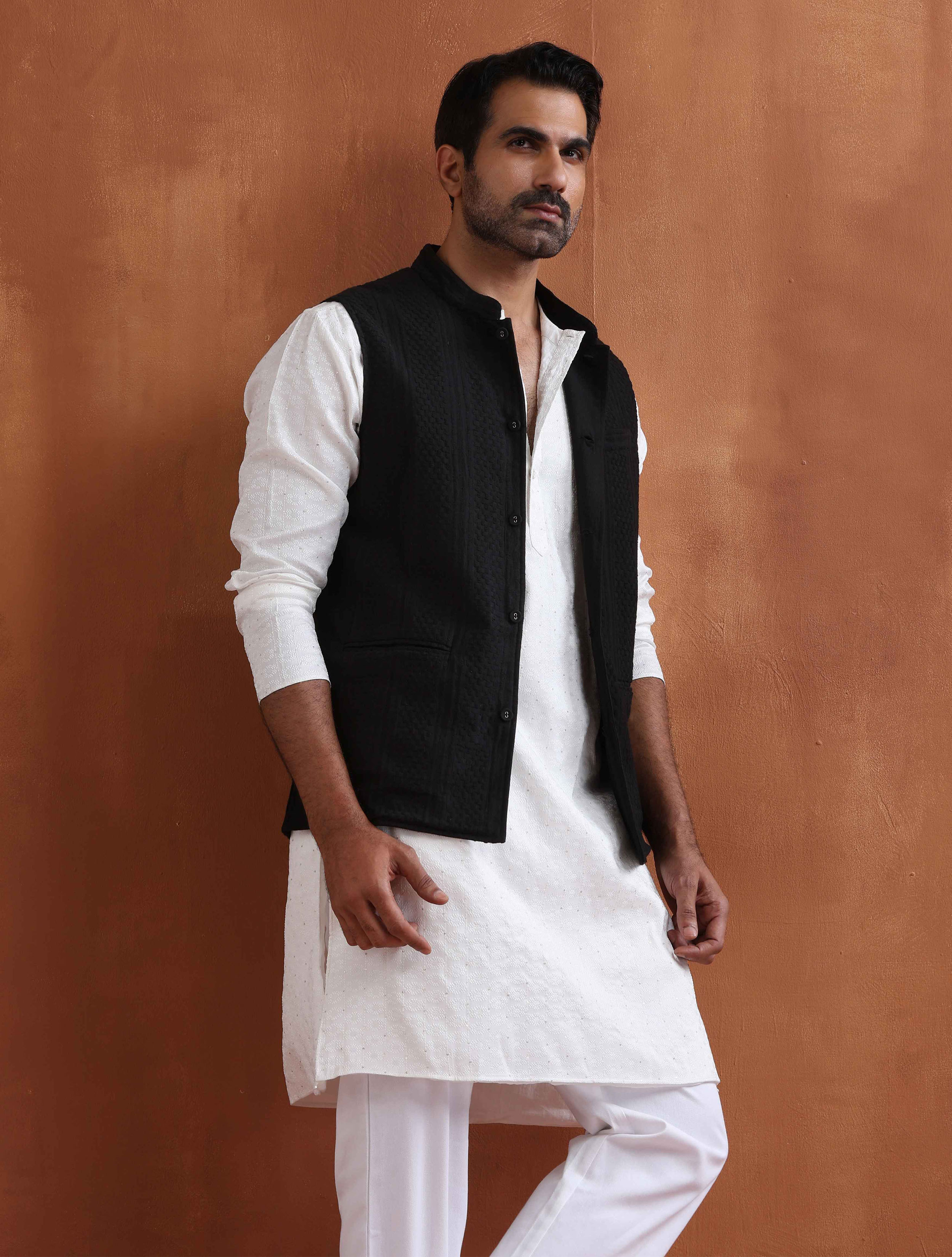 trueBrowns Men's Black Textured Cotton Dobby Nehru Jacket - Distacart