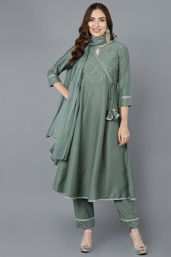 Ahika Teal Poly Silk Embroidered Kurta Trousers With Dupatta