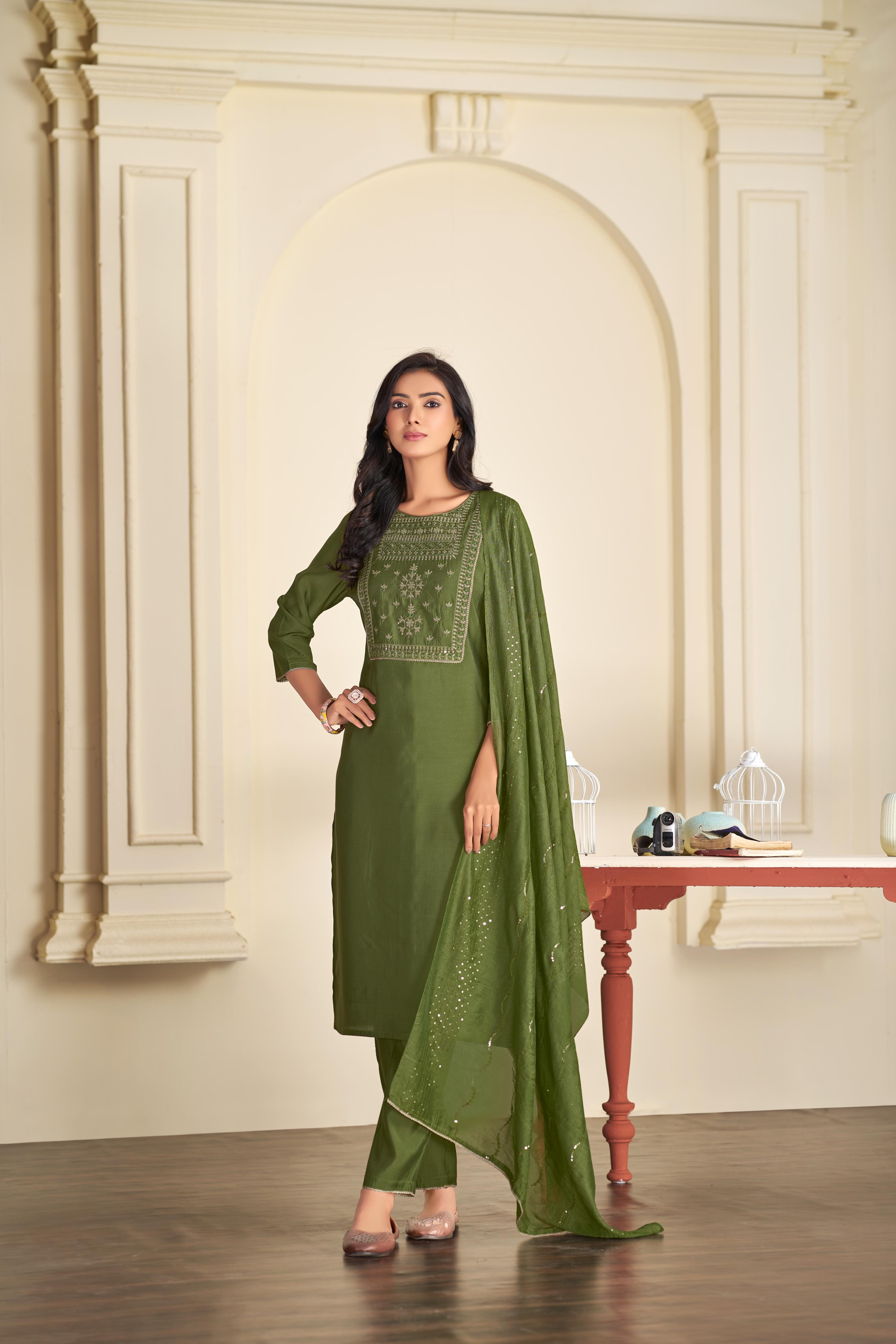 BulBul Aadvi Solid Green Embroidered Roman Silk Salwar Suit