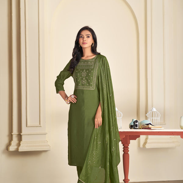 BulBul Aadvi Solid Green Embroidered Roman Silk Salwar Suit