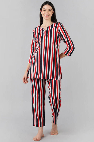 Ahika Multi Colour Cotton Striped Night Suit - Distacart